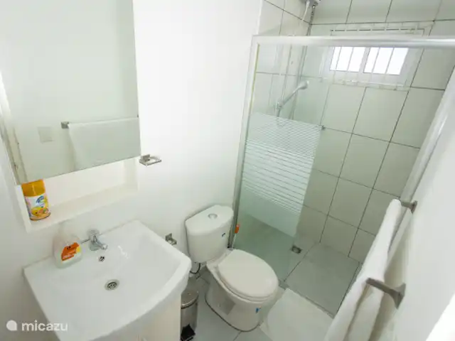 Studio Nature au bord de la piscine – Westpunt Es | Curaçao, Banda Abou (ouest), Westpunt - appartement Salle de bain lumineuse et propre avec douche carrelée moderne, toilettes et lavabo avec miroir.