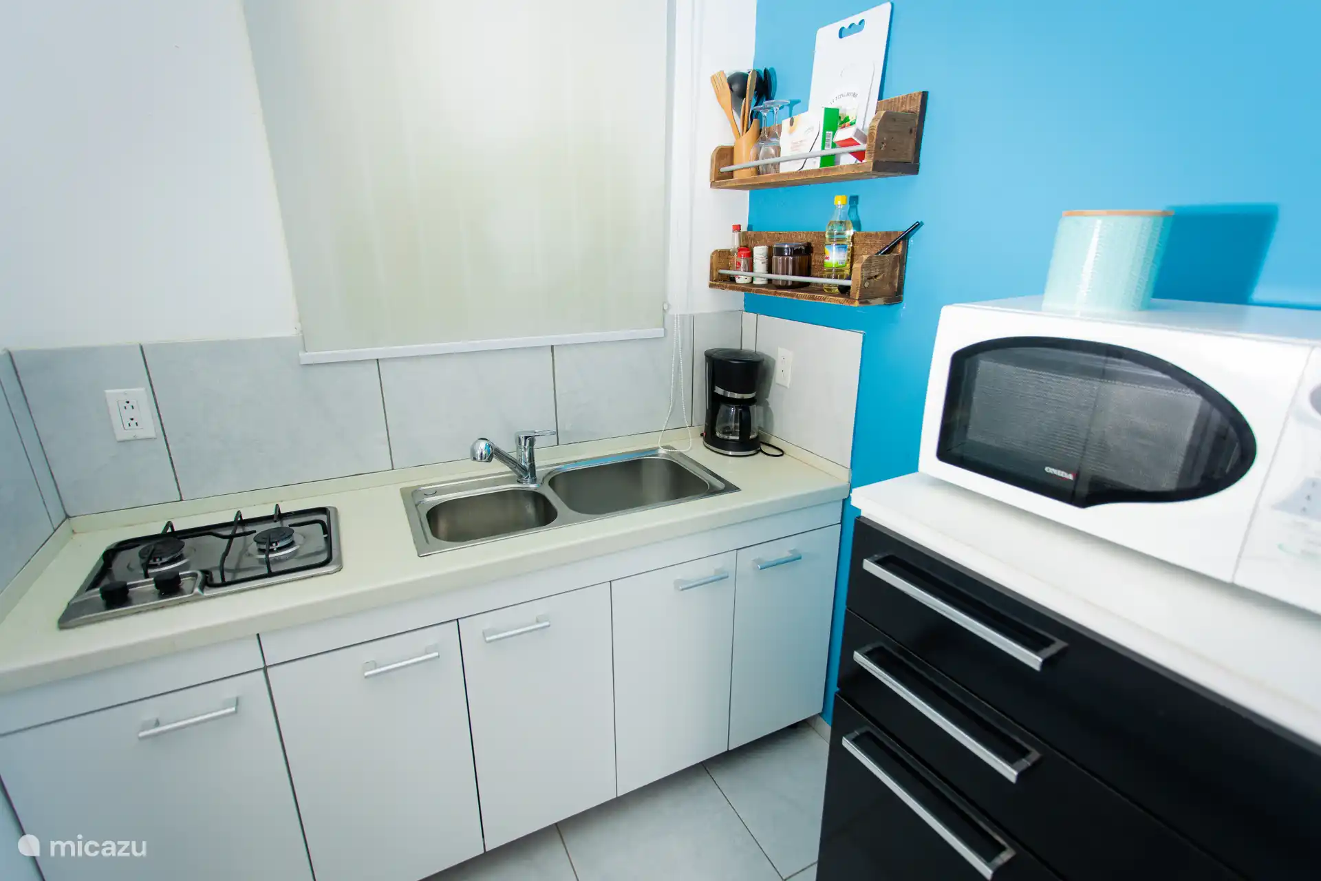 Voll ausgestattete Küchenzeile mit Gasherd, Doppelspüle, Kaffeemaschine, Mikrowelle und offenen Gewürzregalen.