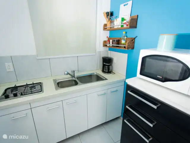 Studio Nature au bord de la piscine – Westpunt Es | Curaçao, Banda Abou (ouest), Westpunt - appartement Kitchenette entièrement équipée avec cuisinière à gaz, évier double, cafetière, micro-ondes et étagères à épices ouvertes.
