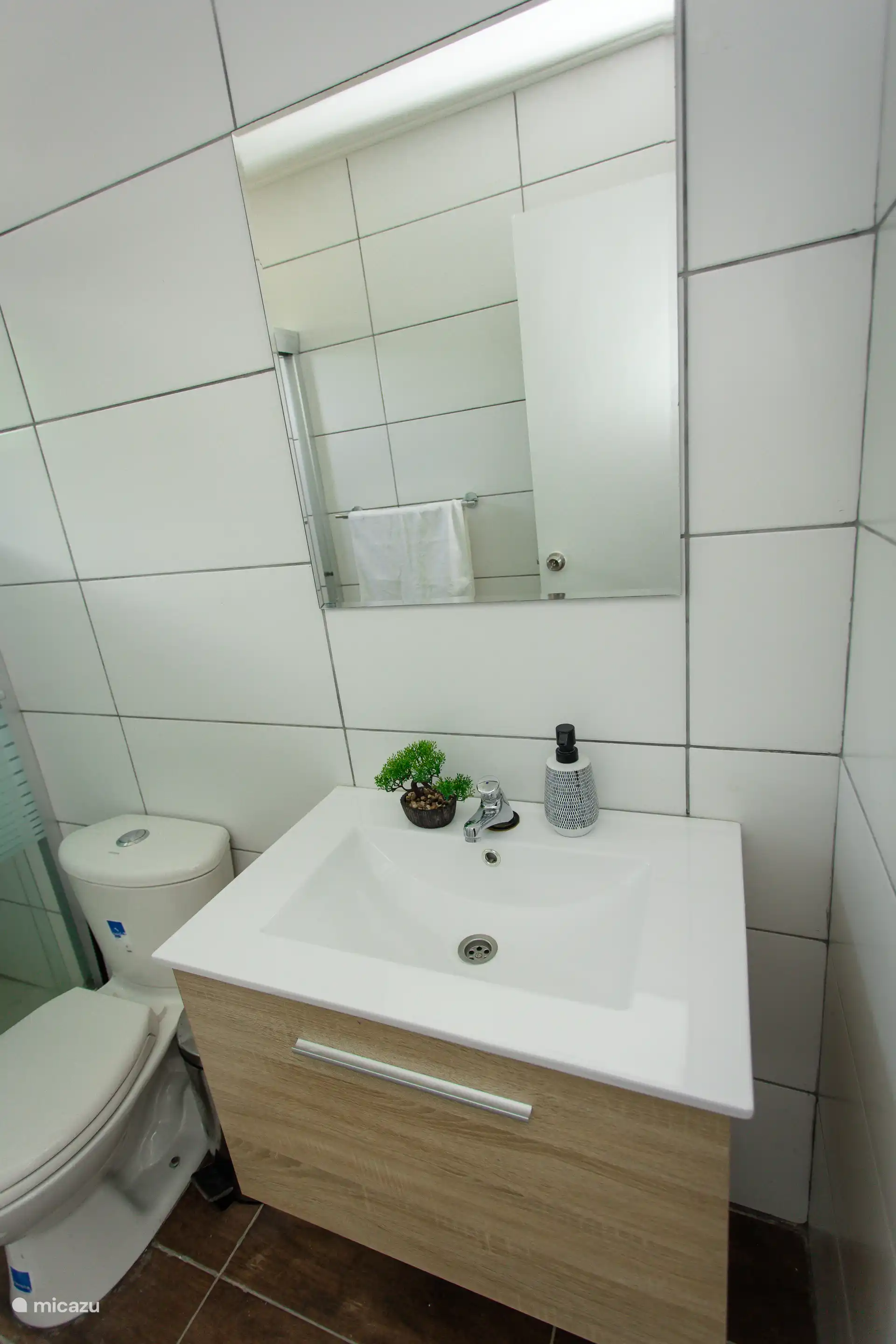 Modern sink with wooden vanity and mirror — simple, clean, and well-lit with stylish decor.