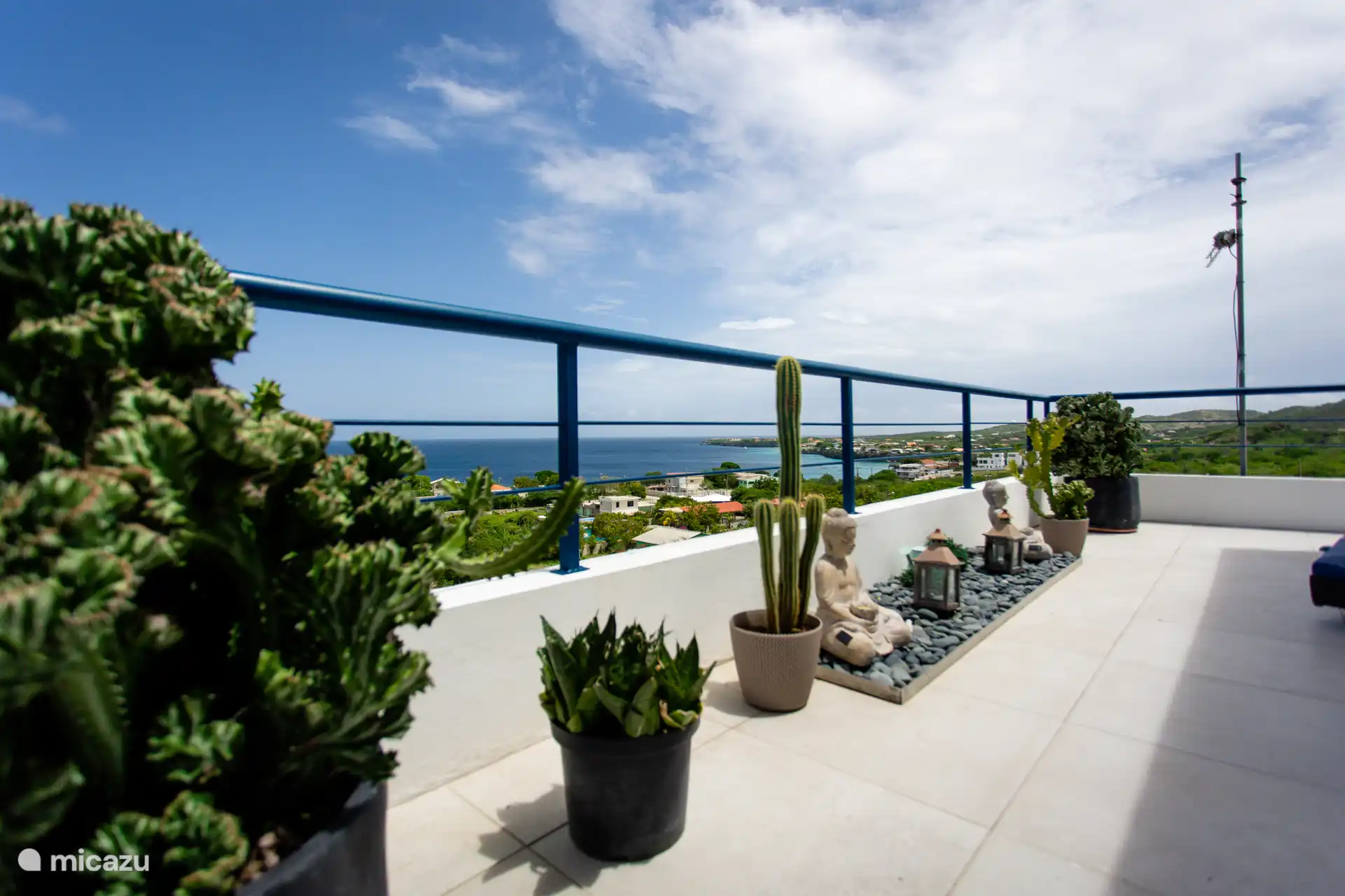 Charming rooftop corner with cacti and Buddhas overlooking the lush Westpunt landscape and ocean.