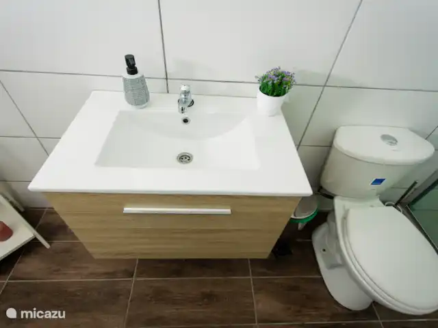 Retraite avec vue sur l’océan tropical | Curaçao, Banda Abou (ouest), Westpunt - appartement Un autre angle de salle de bain montrant l’aménagement ouvert, les lignes épurées et le design élégant.