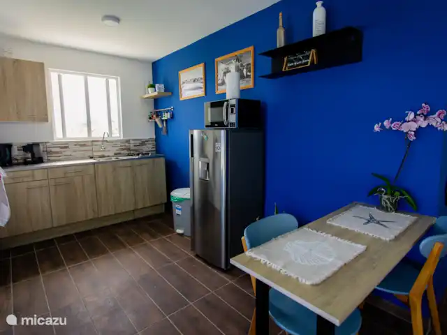 Retraite avec vue sur l’océan tropical | Curaçao, Banda Abou (ouest), Westpunt - appartement Cuisine intérieure avec lumière naturelle, commodités complètes et vue panoramique pendant que vous cuisinez.