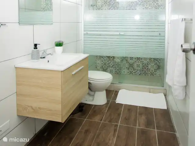 Retraite avec vue sur l’océan tropical | Curaçao, Banda Abou (ouest), Westpunt - appartement Vue complète sur la salle de bain avec une grande douche à l’italienne avec porte vitrée et carrelage décoratif.