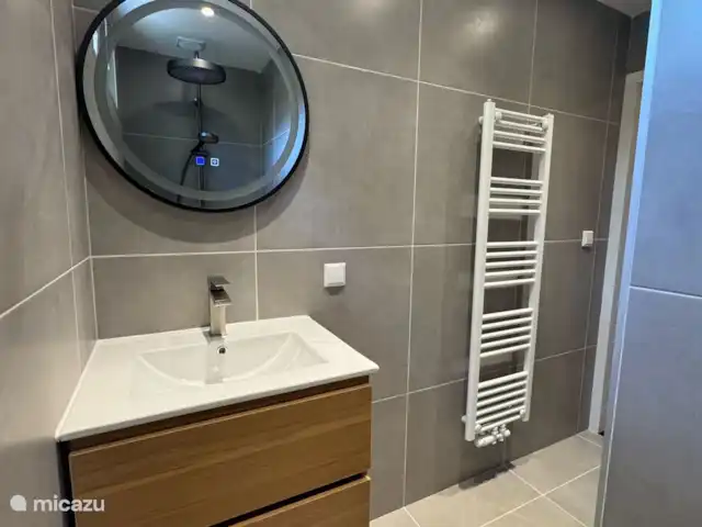 Villa Frans | Pays-Bas, Zélande, Renesse - maison de vacances Salle de bain avec radiateur design, grand carrelage et finitions luxueuses. Le confort et le style se marient parfaitement ici.