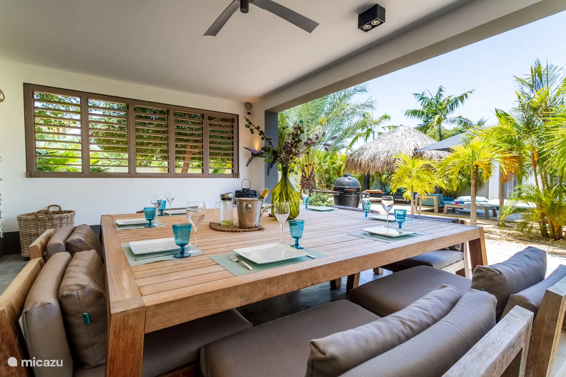 To fully enjoy the outdoor life of Bonaire, the large dining table is located outside.  The terrace is equipped with ceiling fans.