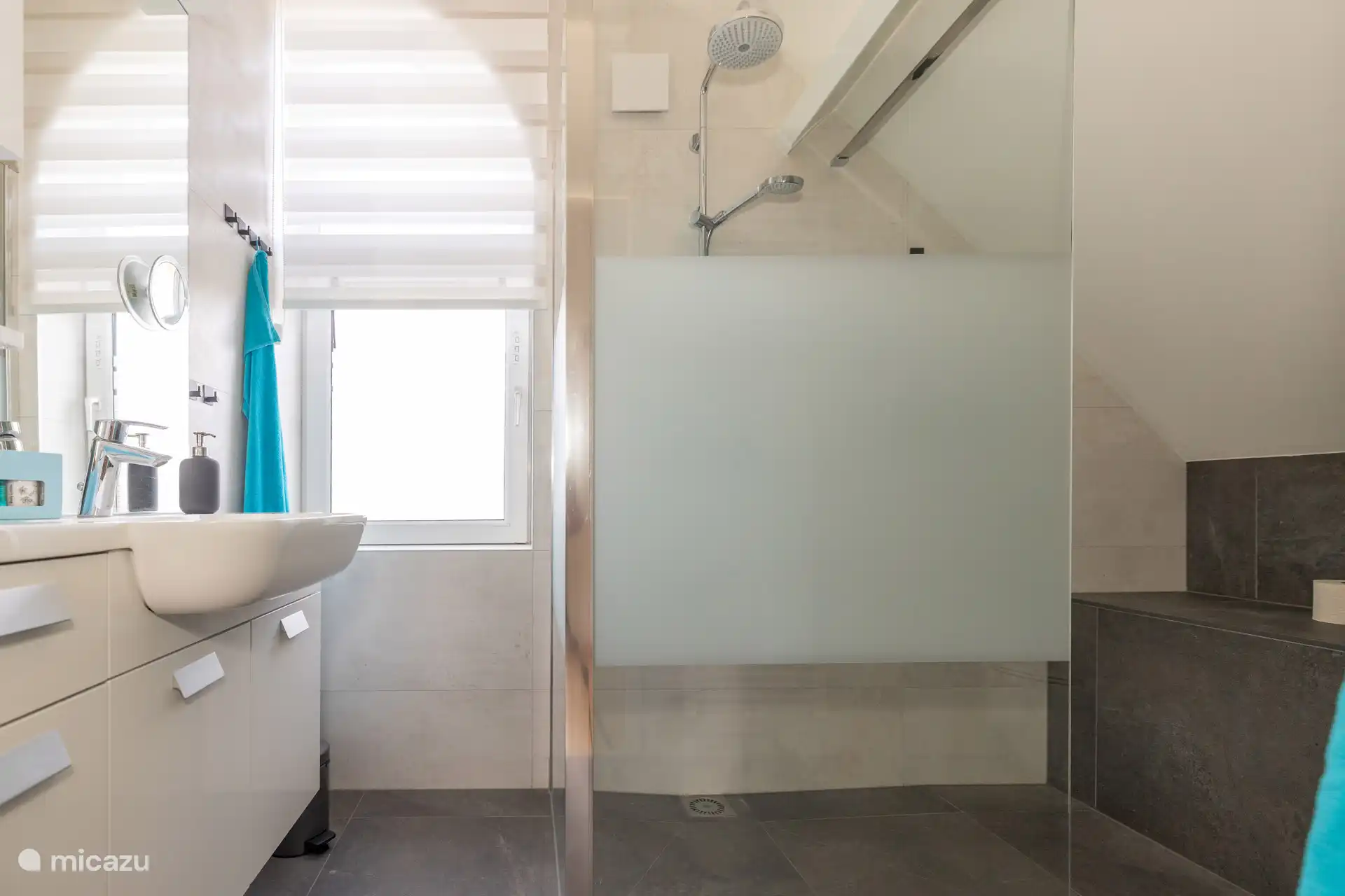 Salle de bain avec belle douche et toilettes.