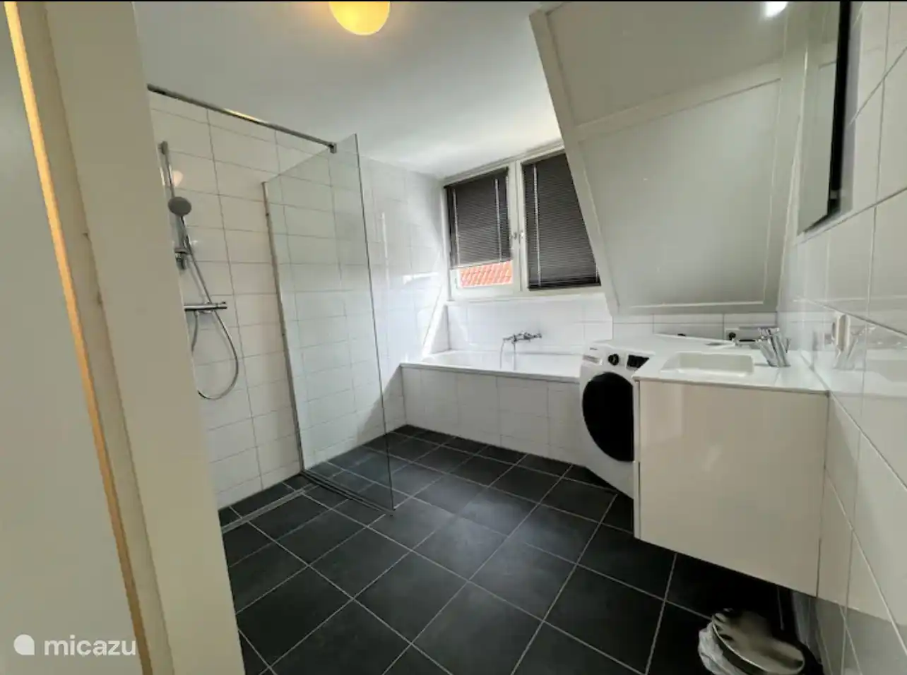 badkamer met douche, wasmachine en bad.