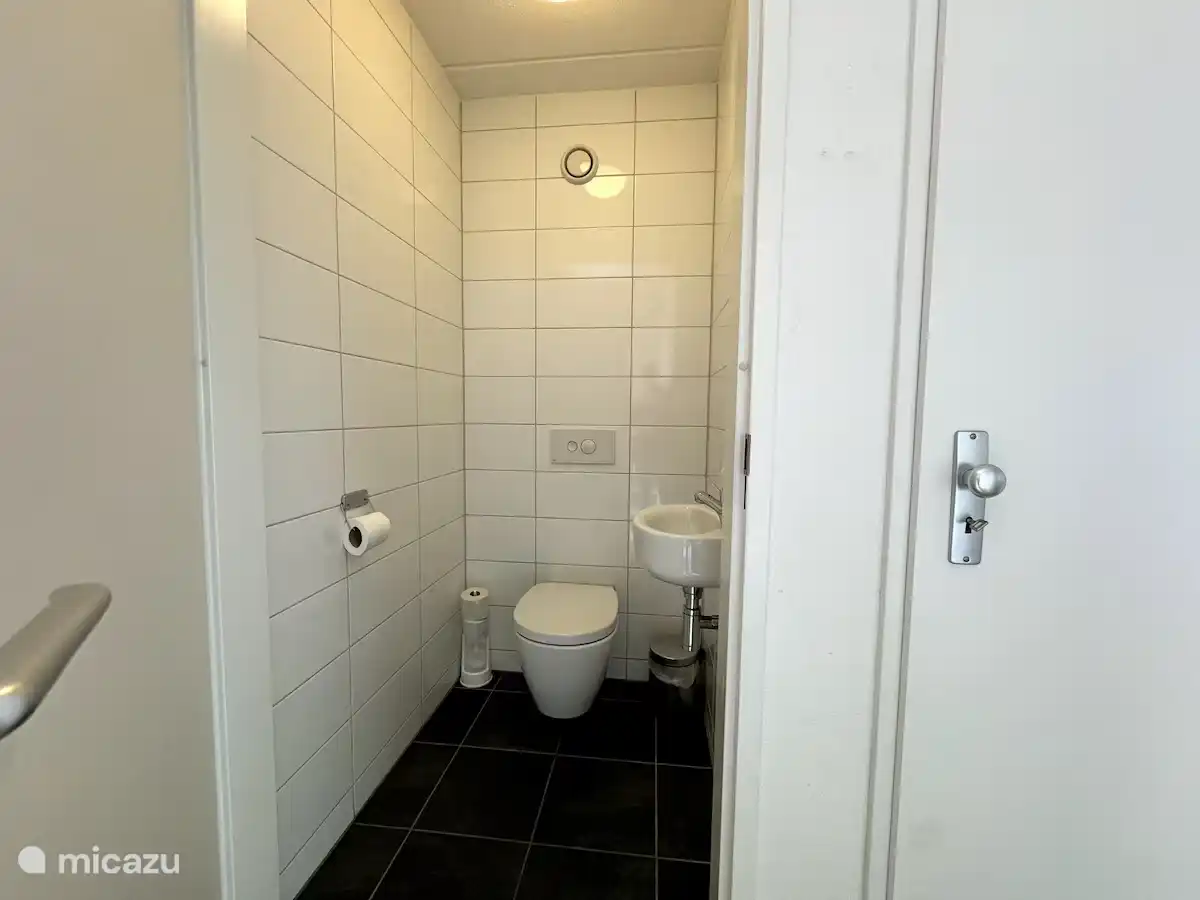 Net afgewerkt toilet met frisse witte tegels en contrasterende donkere vloer. De strakke afwerking en heldere verlichting zorgen voor een moderne en verzorgde uitstraling.