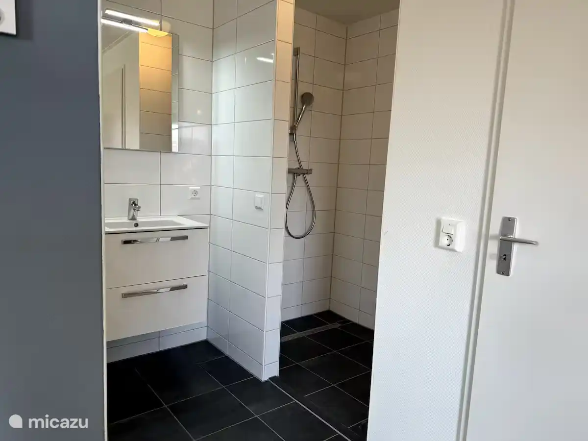 Moderne badkamer met frisse witte tegels en strak zwart tegelwerk. De lichte ruimte en minimalistische afwerking zorgen voor een frisse, rustige plek om de dag ontspannen te beginnen.