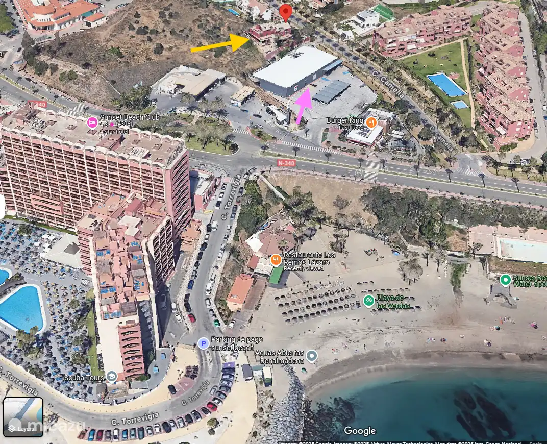 Yellow arrow - the villa
purple arrow - the supermarket