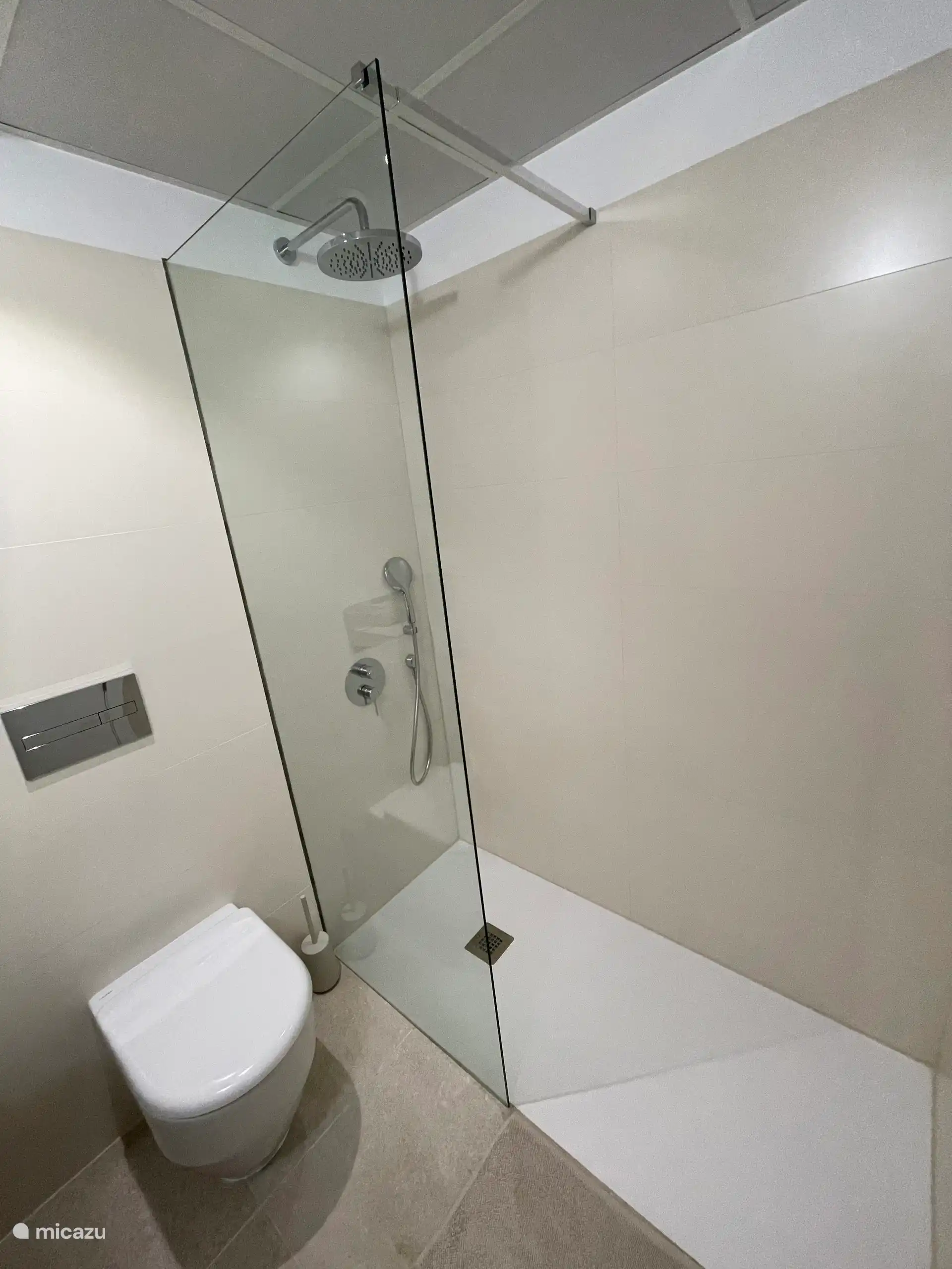Cuarto de baño con lavabo, ducha e inodoro adyacente al dormitorio principal.