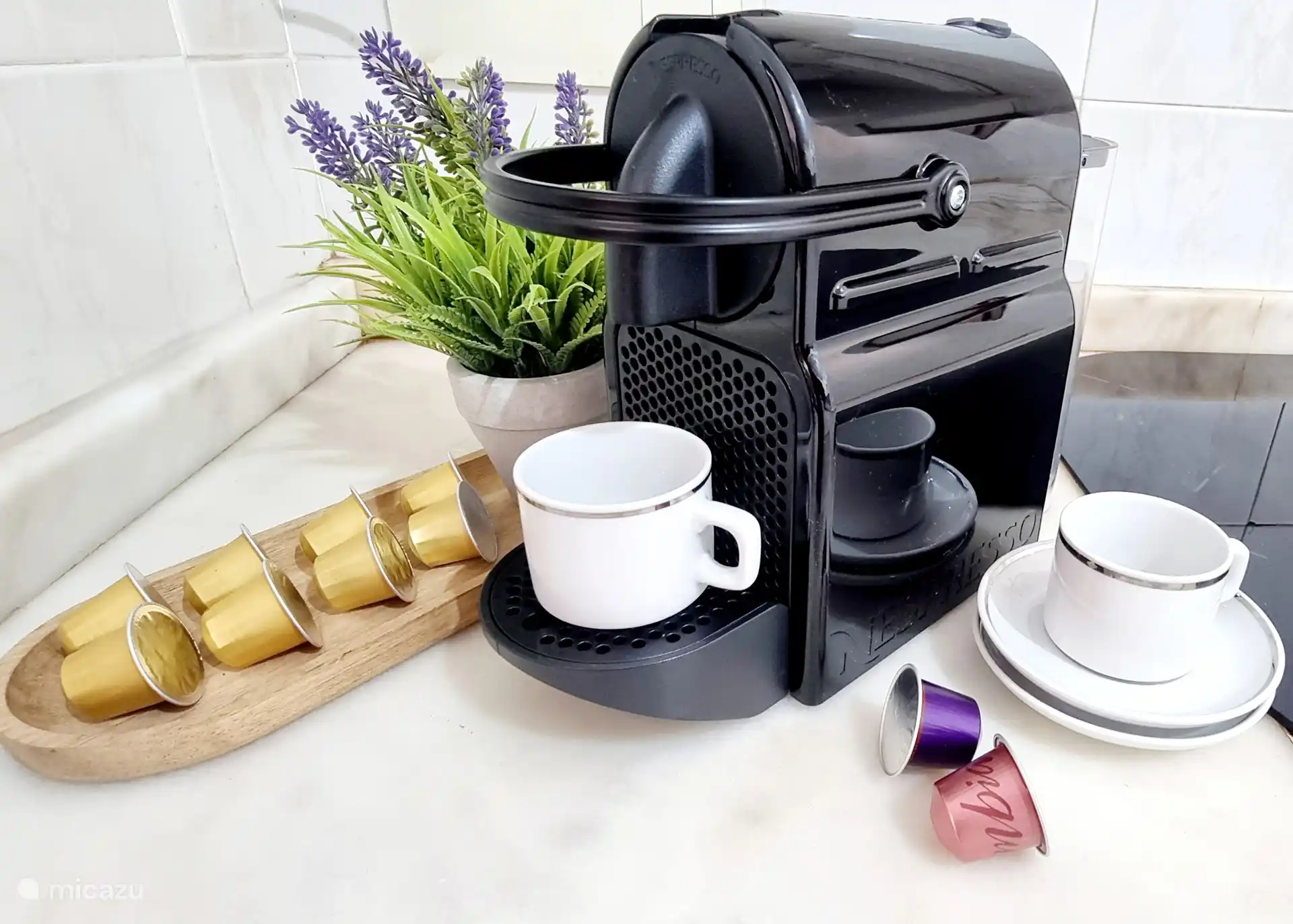 Eine voll ausgestattete Küche mit einem Kühlschrank, einem Herd, einem Backofen sowie Tee- und Kaffeezubehör.