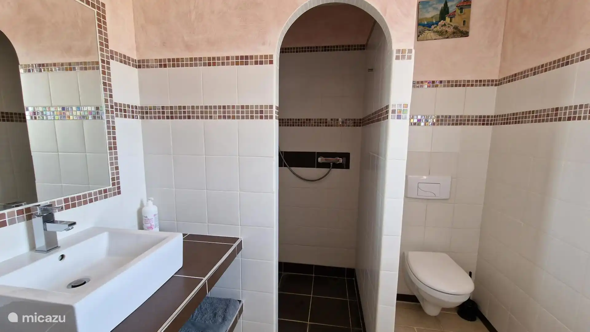 Badezimmer mit Dusche, Waschbecken und WC