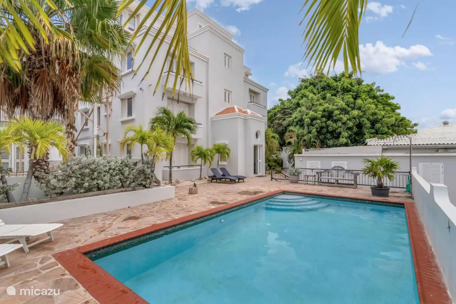 Zwembad met zinnenbedjes aan achterzijde.