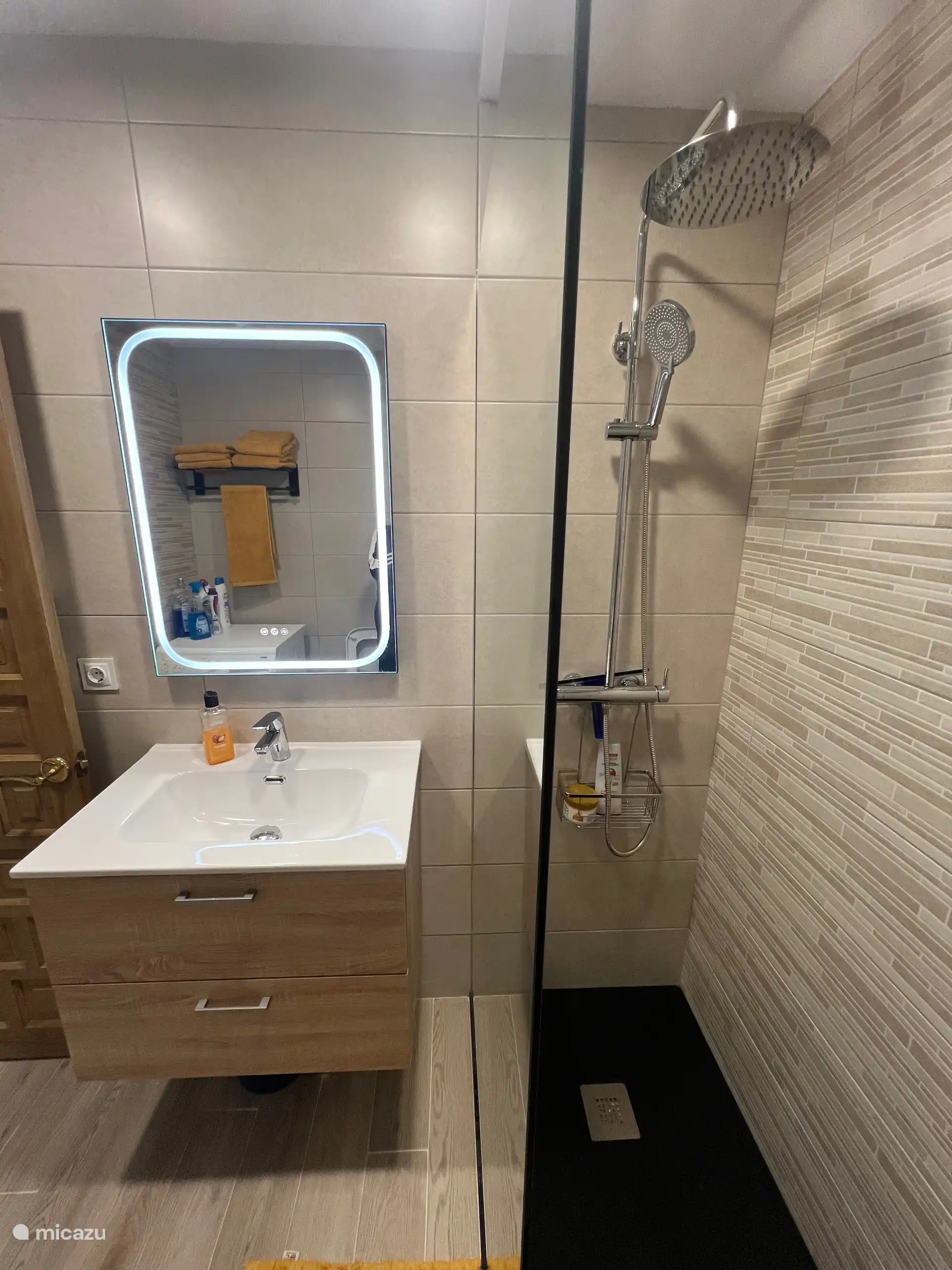 Badezimmer mit Regendusche mit Waschmaschine, Waschbecken und WC. 