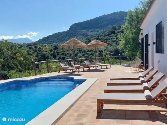 Finca La Sensa   | Espagne, Costa del Sol, Comares - maison de vacances Détendez-vous au bord de la piscine avec des transats et des parasols.