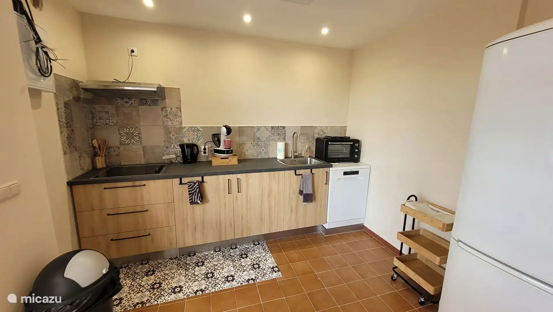 Küche mit Geschirrspüler, Kaffeemaschine, Wasserkocher, kleinem Backofen, Kühlschrank mit Gefrierfach, Herd 