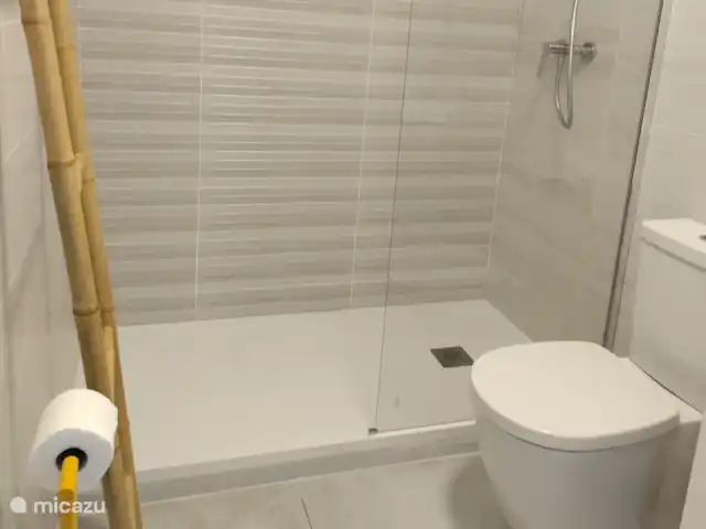Location de Vacances Espagne, Costa Blanca, Els Poblets, maison mitoyenne - Maison familiale La Pinada Salle de bain 1, avec toilettes, douche avec cabine de douche, lavabo avec lavabo