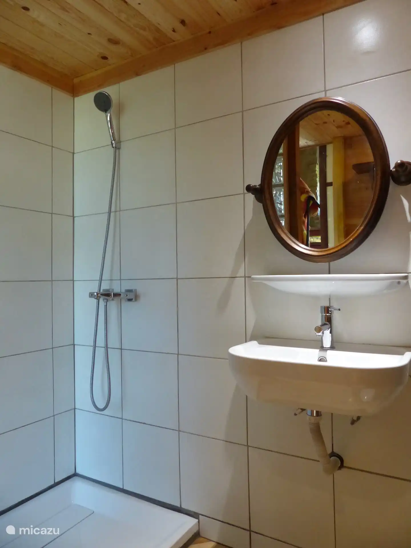 Das Badezimmer mit Dusche und Waschbecken