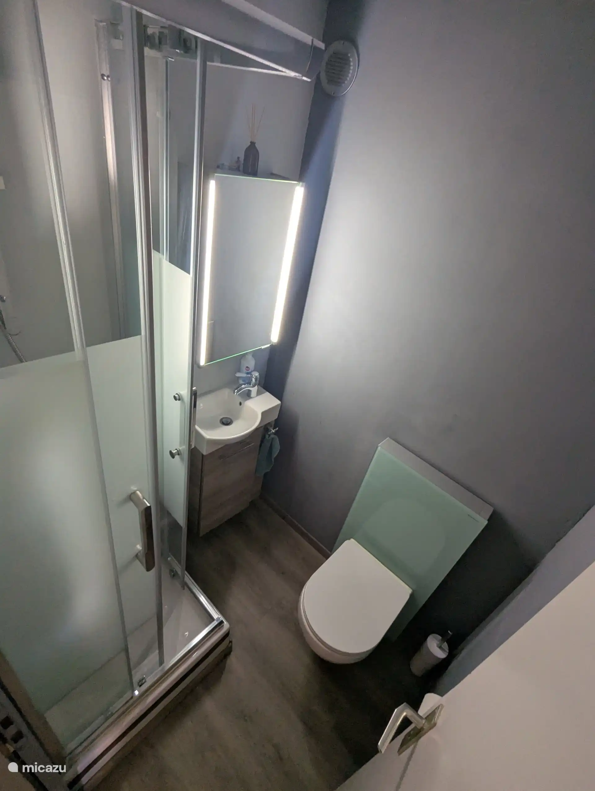 Our small bathroom with shower, toilet and sink right by the entry. 