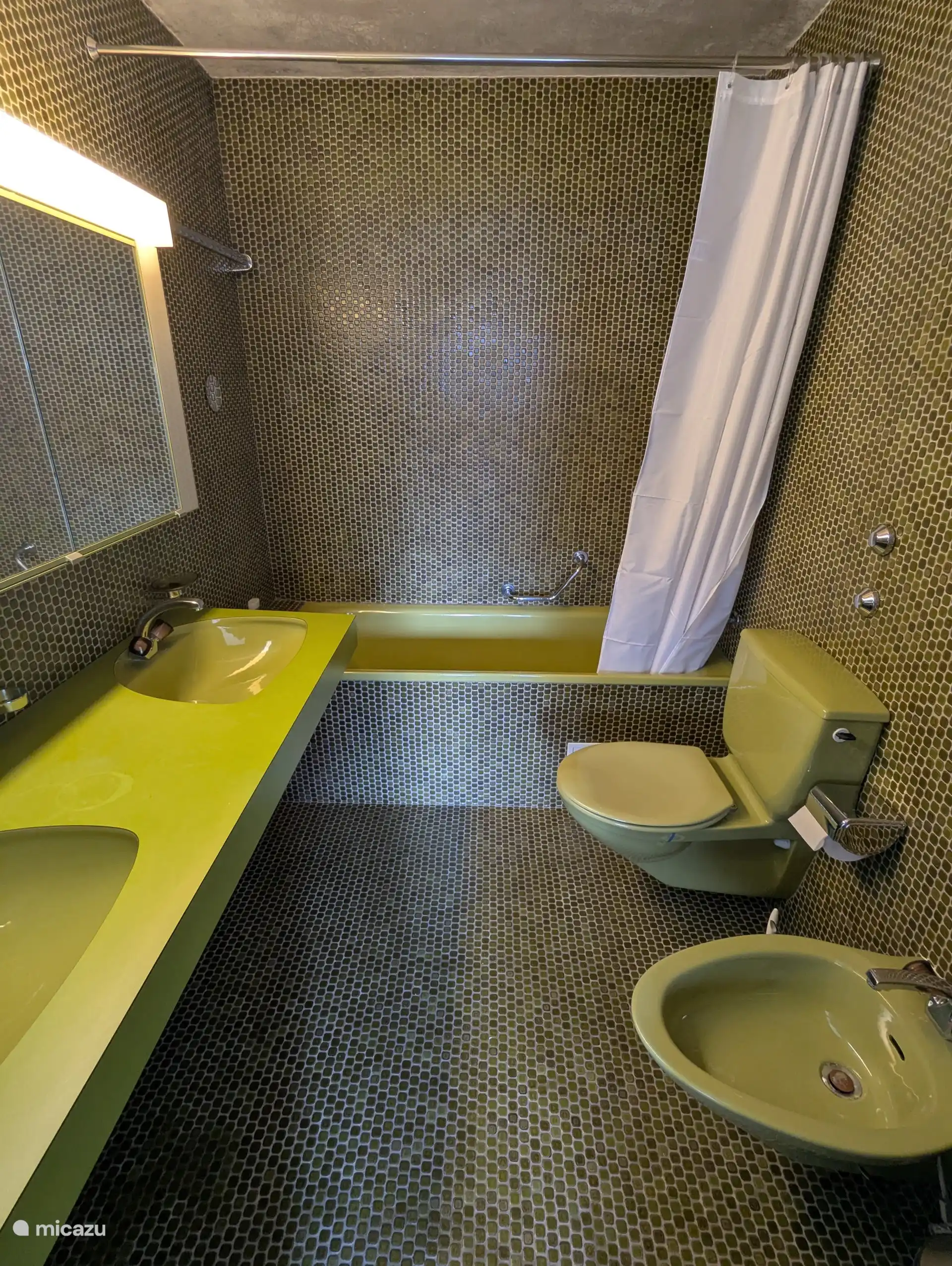 Private bathroom with 2 sinks, bath/shower, toilet and bidet.