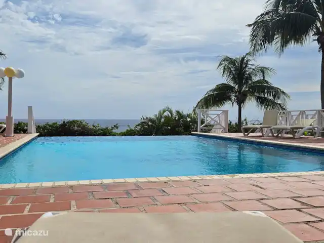 Location de Vacances Curaçao, Curaçao-Centre, Piscadera, appartement - Kasita La Vista Piscine commune avec transats et chaises. Et une vue magnifique.