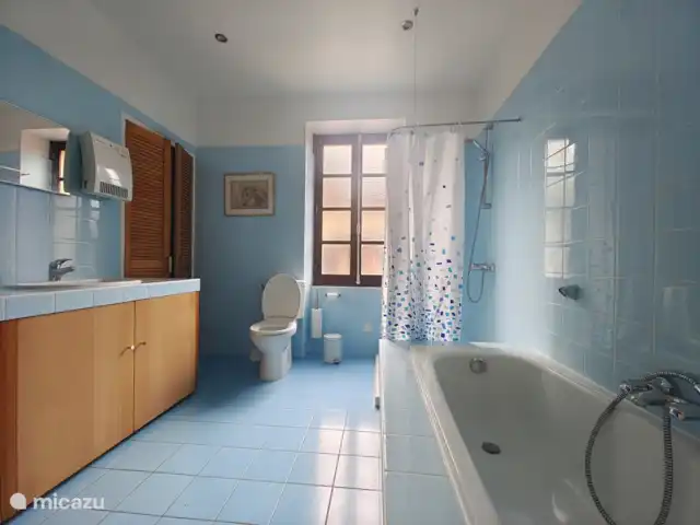 Gite Bacquiès | France, Midi-Pyrénées, Septfonds - maison de vacances Une salle de bains avec baignoire, double lavabo et toilettes et des toilettes séparées supplémentaires.