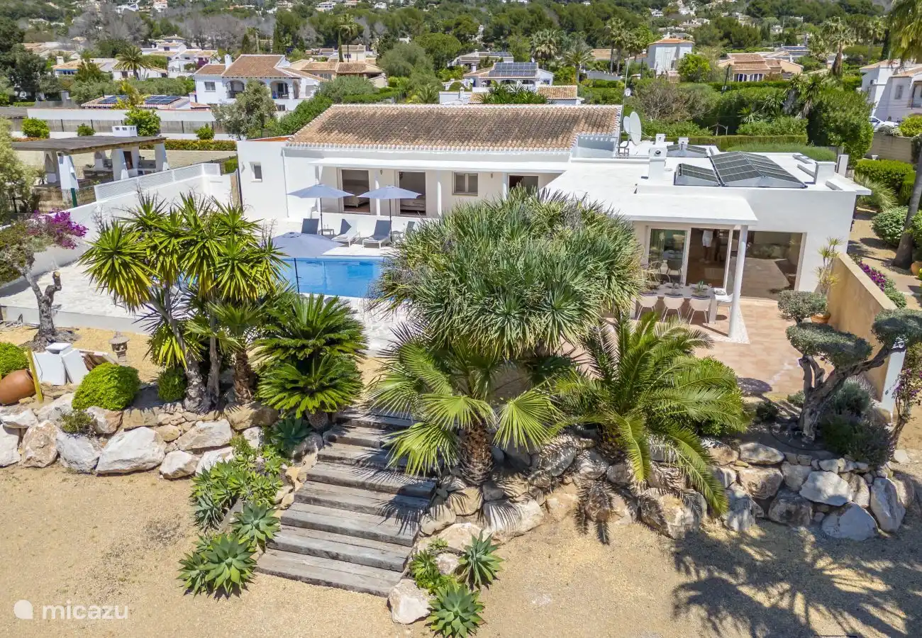 Ein geräumiger Garten voller mediterraner Pflanzen und Blumen.