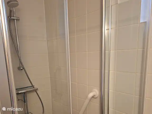 Coeur de fleur de chalet | Pays-Bas, Gueldre, Zelhem - maison de vacances La douche est en bas avec barre d’appui, support pour votre shampoing et mousse de douche, ventilation mécanique