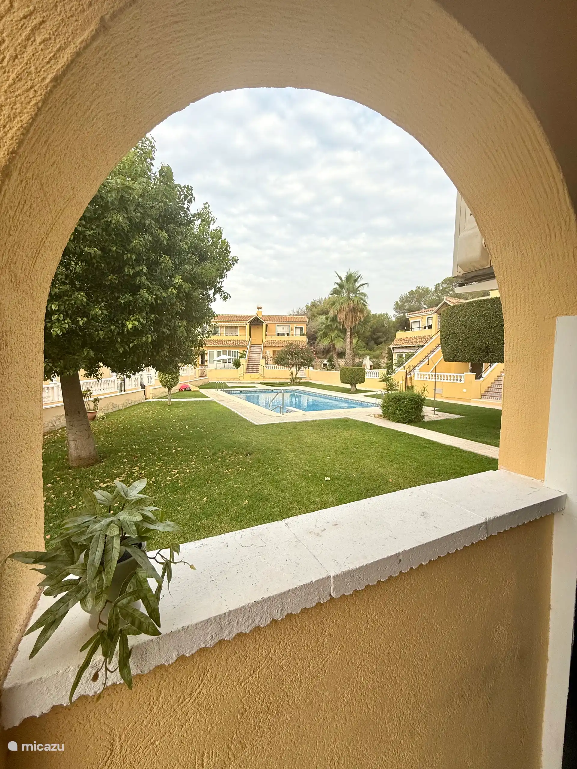 Vue sur la piscine depuis la véranda 