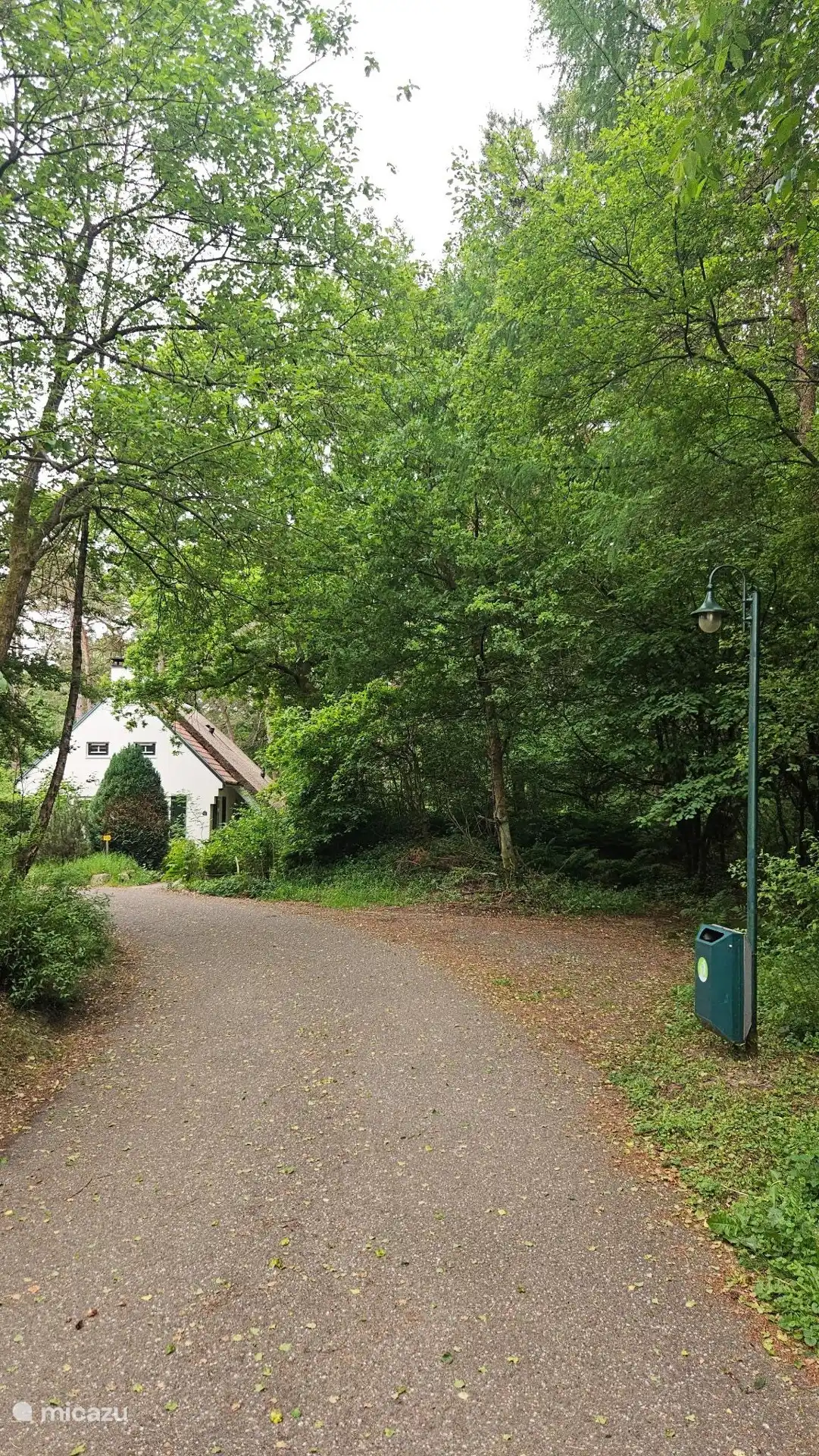 Rechts de parkeerplek. Iets verderop het tuinpad naar het huisje met naam 'Onder de eiken'. 