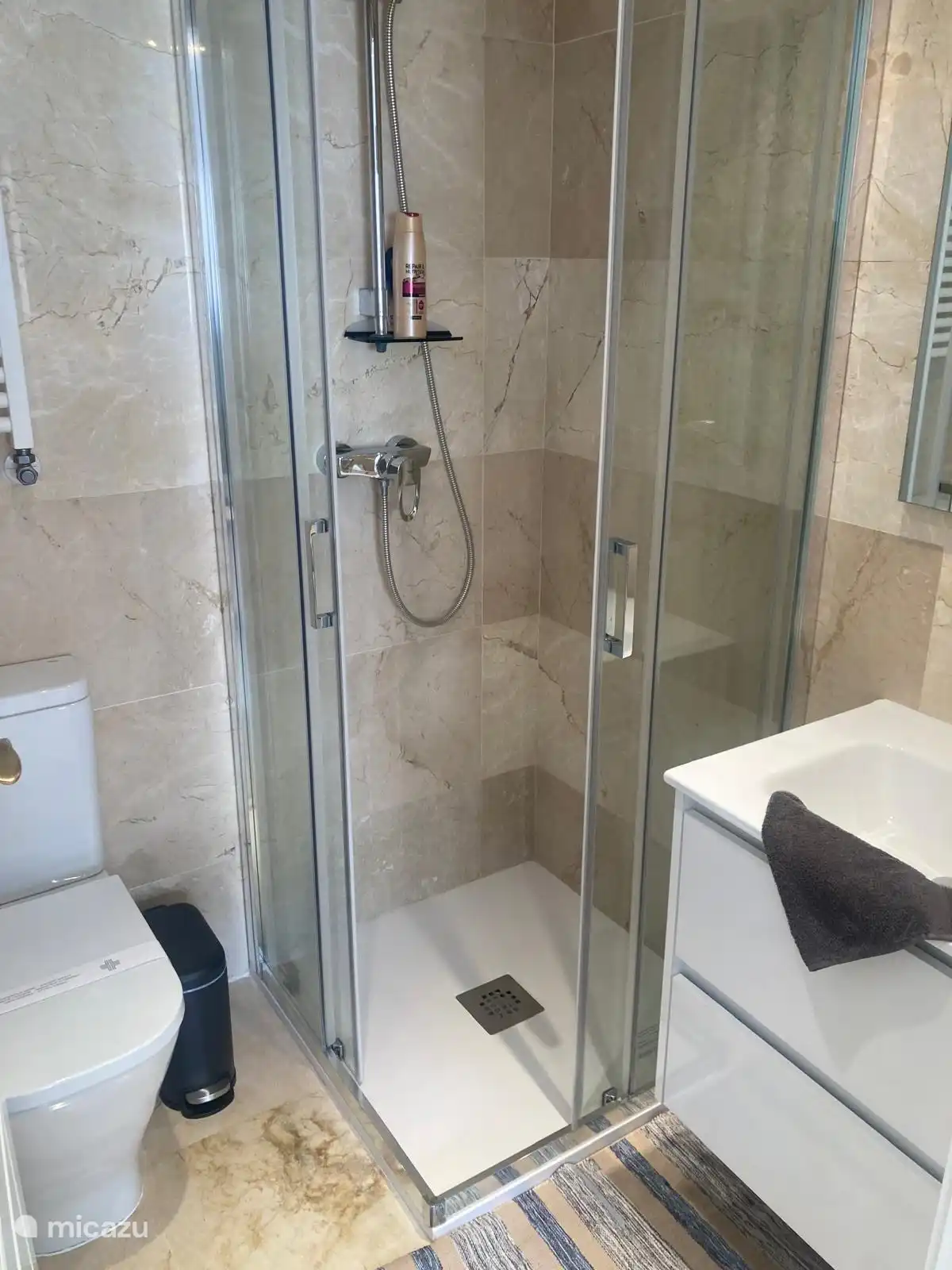 Das Gästebad verfügt über Dusche, WC, Waschtisch und Handtuchheizkörper.