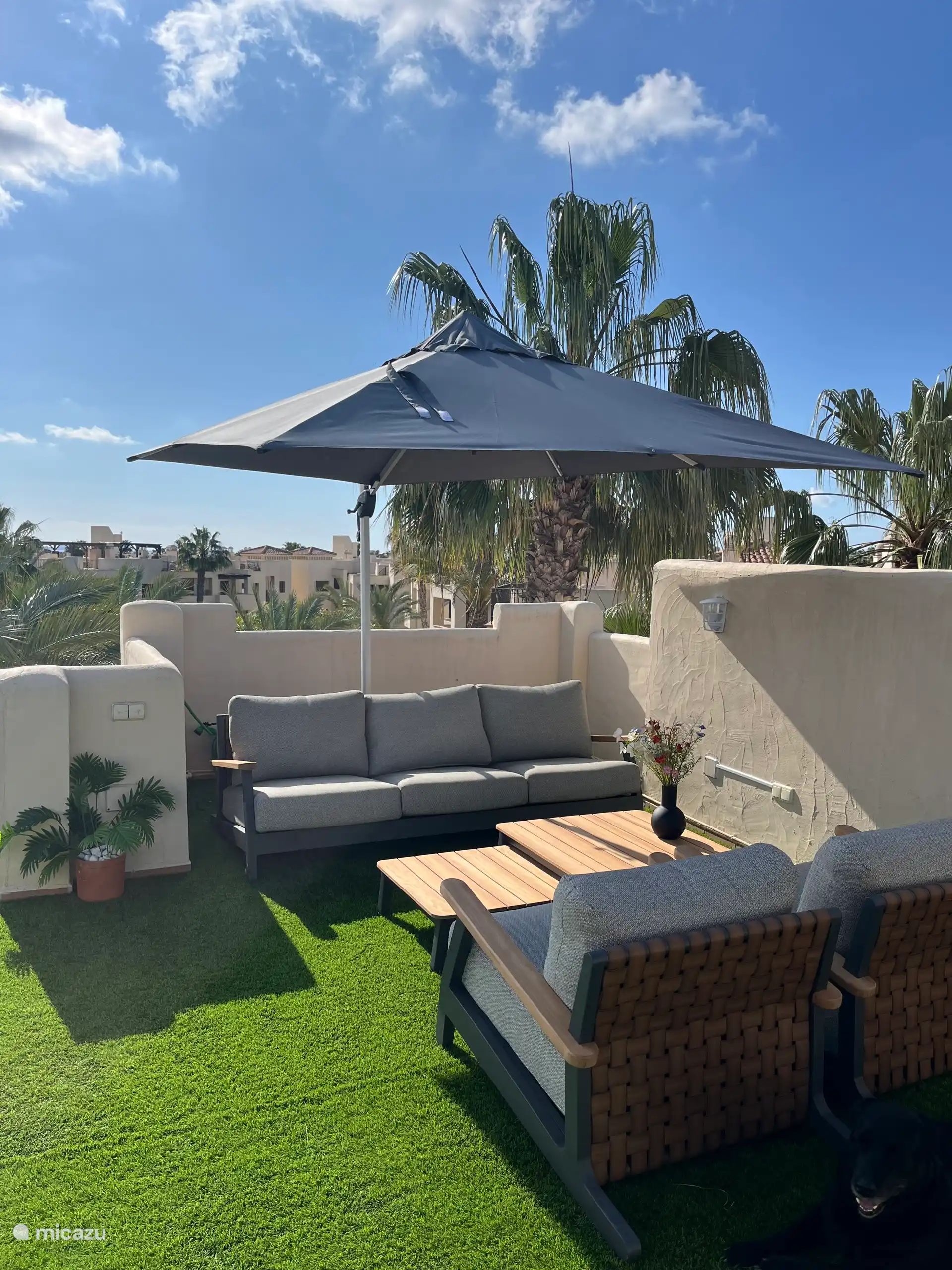 Private Dachterrasse mit komfortablem Lounge-Set und Blick auf die Palmen.
Genießen Sie in Ruhe die Sonne, den Schatten oder einen lauen Abend unter dem Sternenhimmel. 