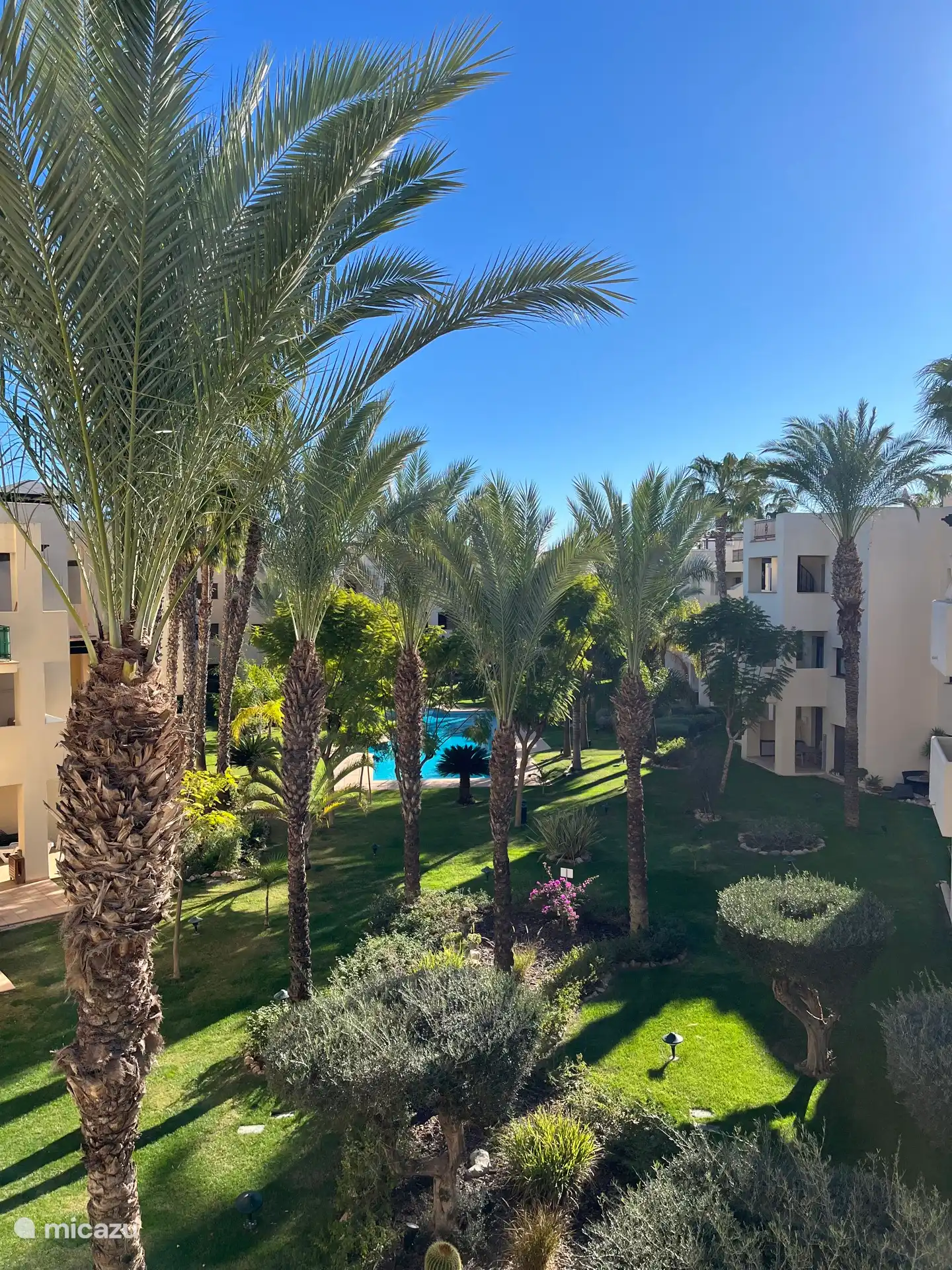 Der Blick vom Balkon auf den schönen Garten und einen der Swimmingpools.