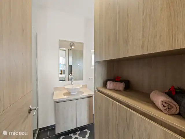 Punta Azul Ocean Resort 6B | Curaçao, Banda Abou (ouest), Westpunt - maison de vacances Salle de bain avec douche, toilettes et lavabo - tout ce dont vous avez besoin à portée de main.