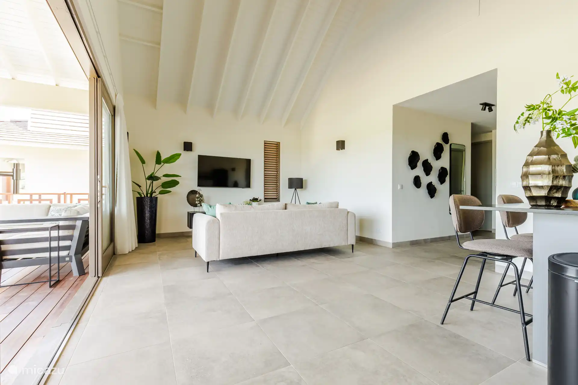 Spacious living room with sofa and Smart TV