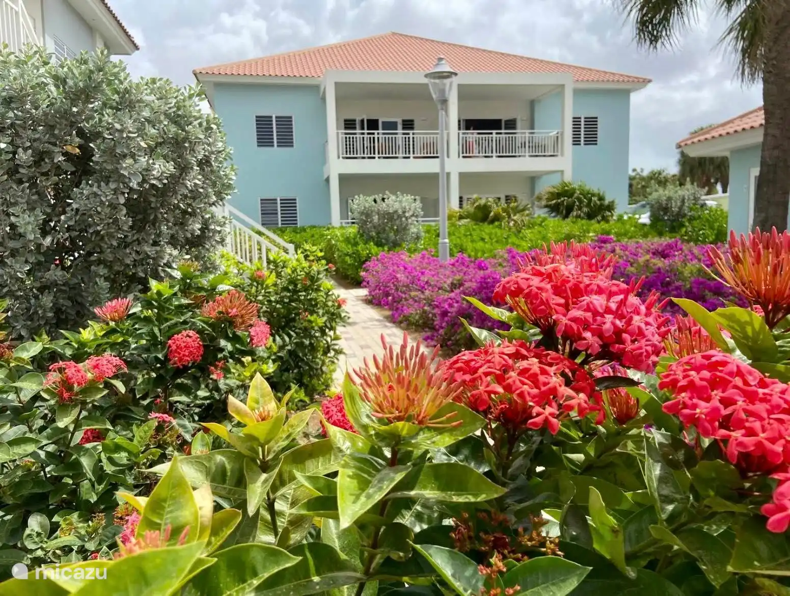À l’avant de l’appartement, ici vous montez et vous verrez le balcon en haut à gauche. 