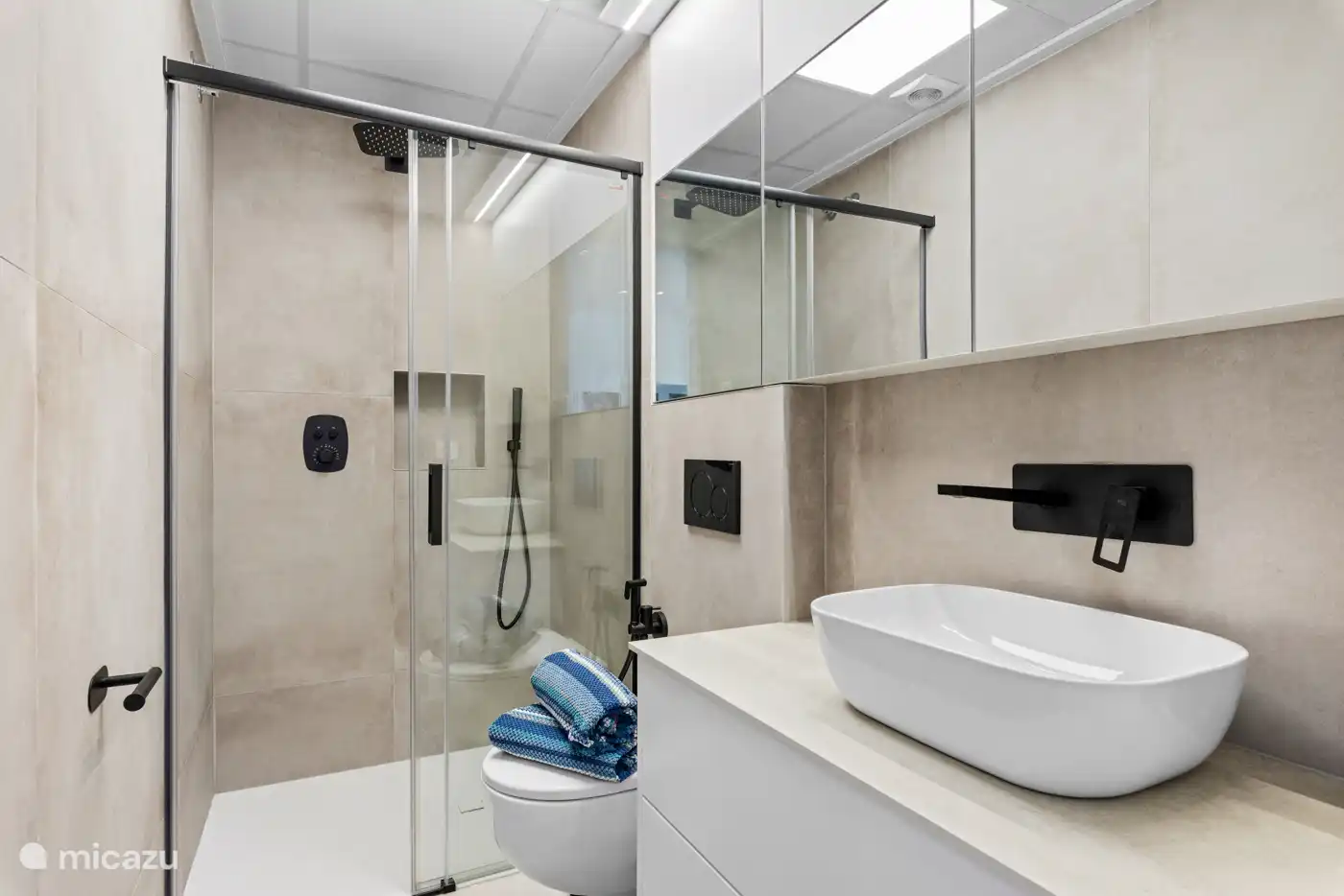 de badkamer met douche, toilet en wc