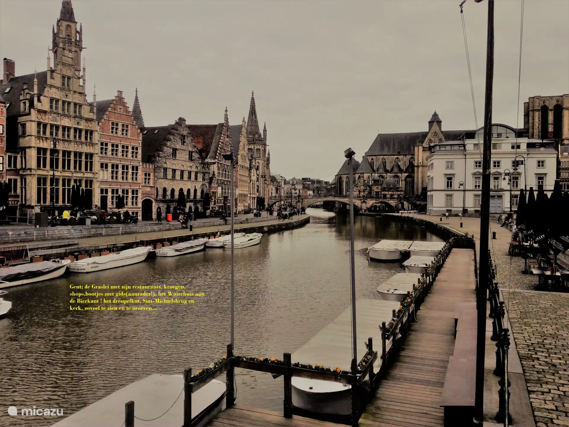 Historische stad Gent: zicht op de Graslei en bootjesverhuur. op 30 min rijden. Mooie daguitstap!