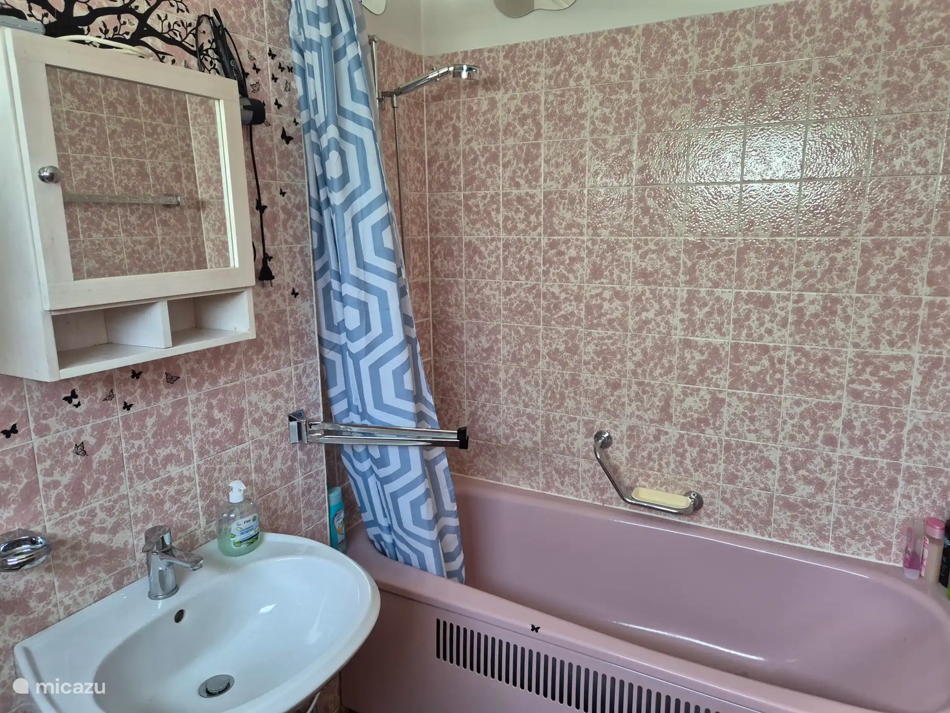 Bathroom with bath, shower in bath. Washbasin. Toilet. 