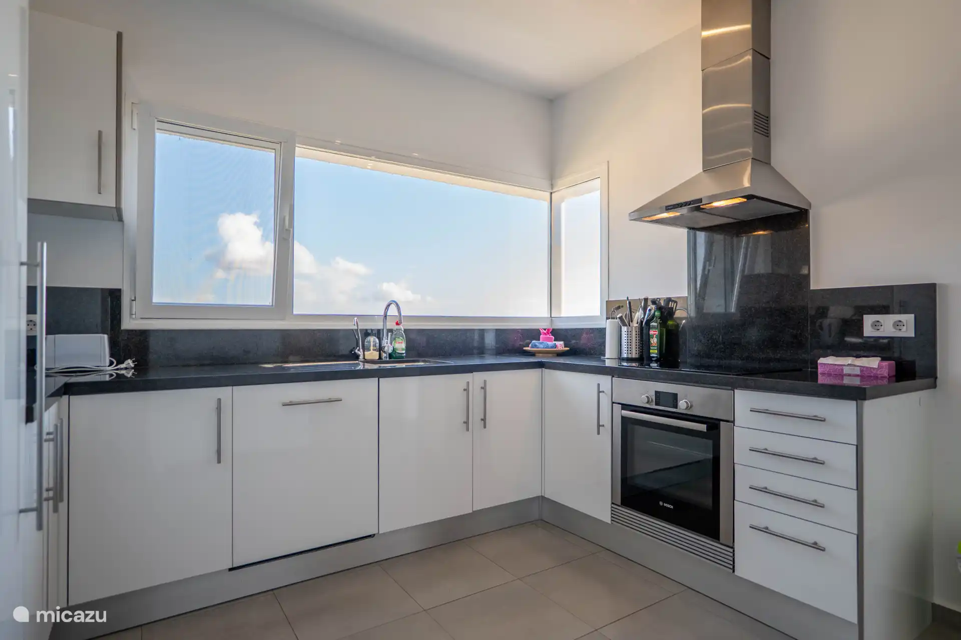 The kitchen is sleek and modern with a 4-burner electric hob, oven, refrigerator, freezer, coffee maker and dishwasher.
