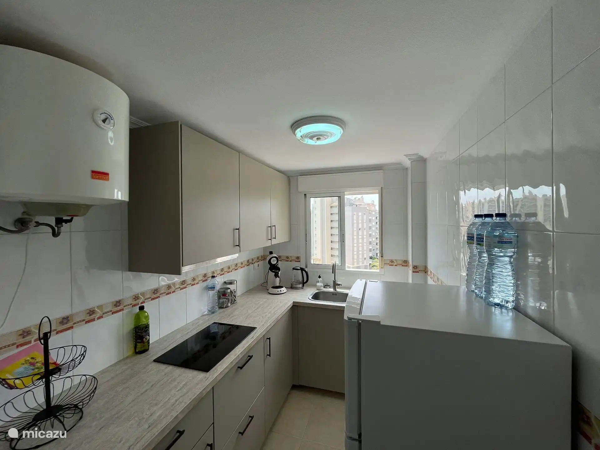 Cuisine avec lave-vaisselle, réfrigérateur avec congélateur, plaque à induction, cafetière et bouilloire