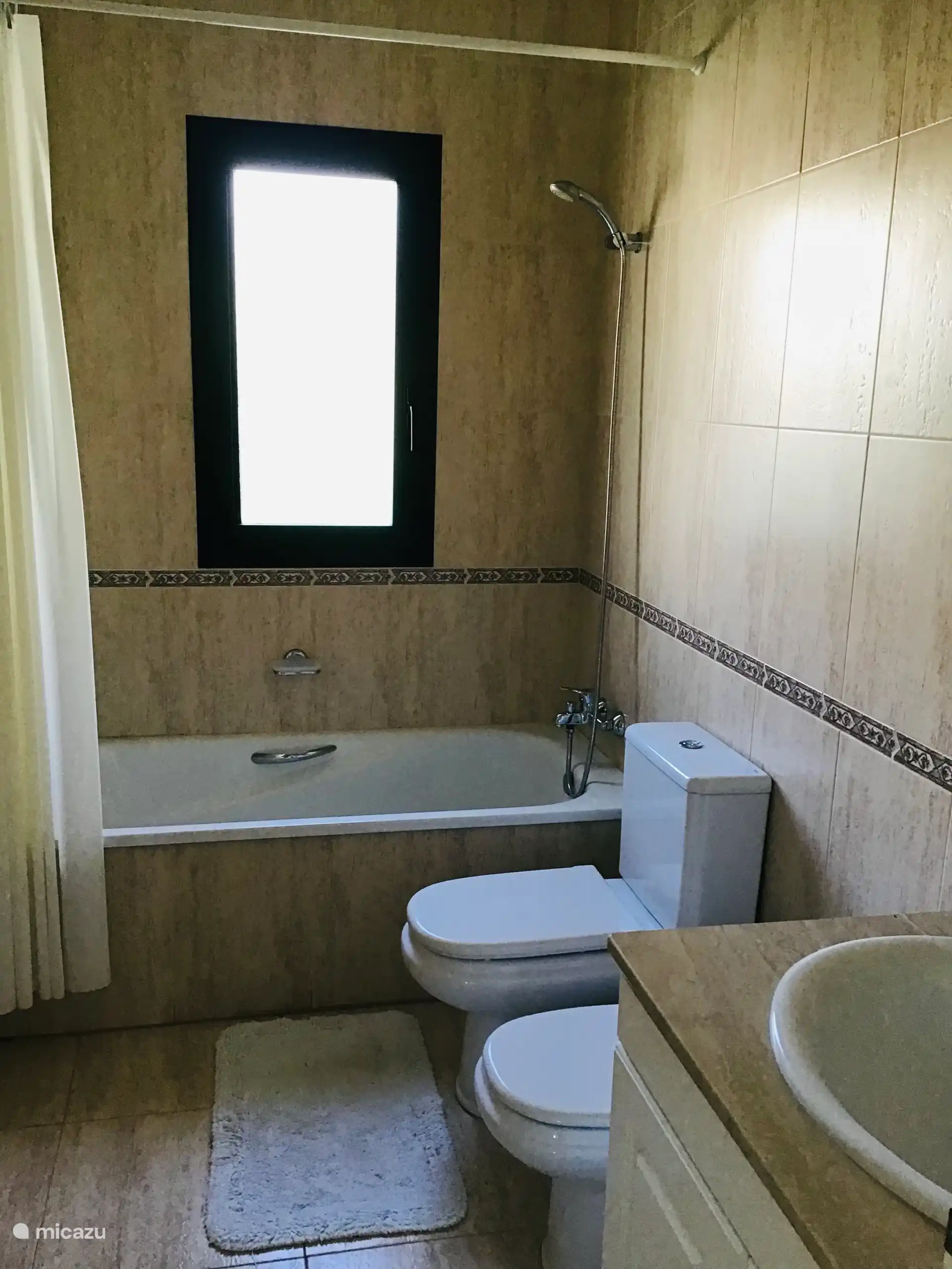 Badkamer met bad , wc en wastafel.