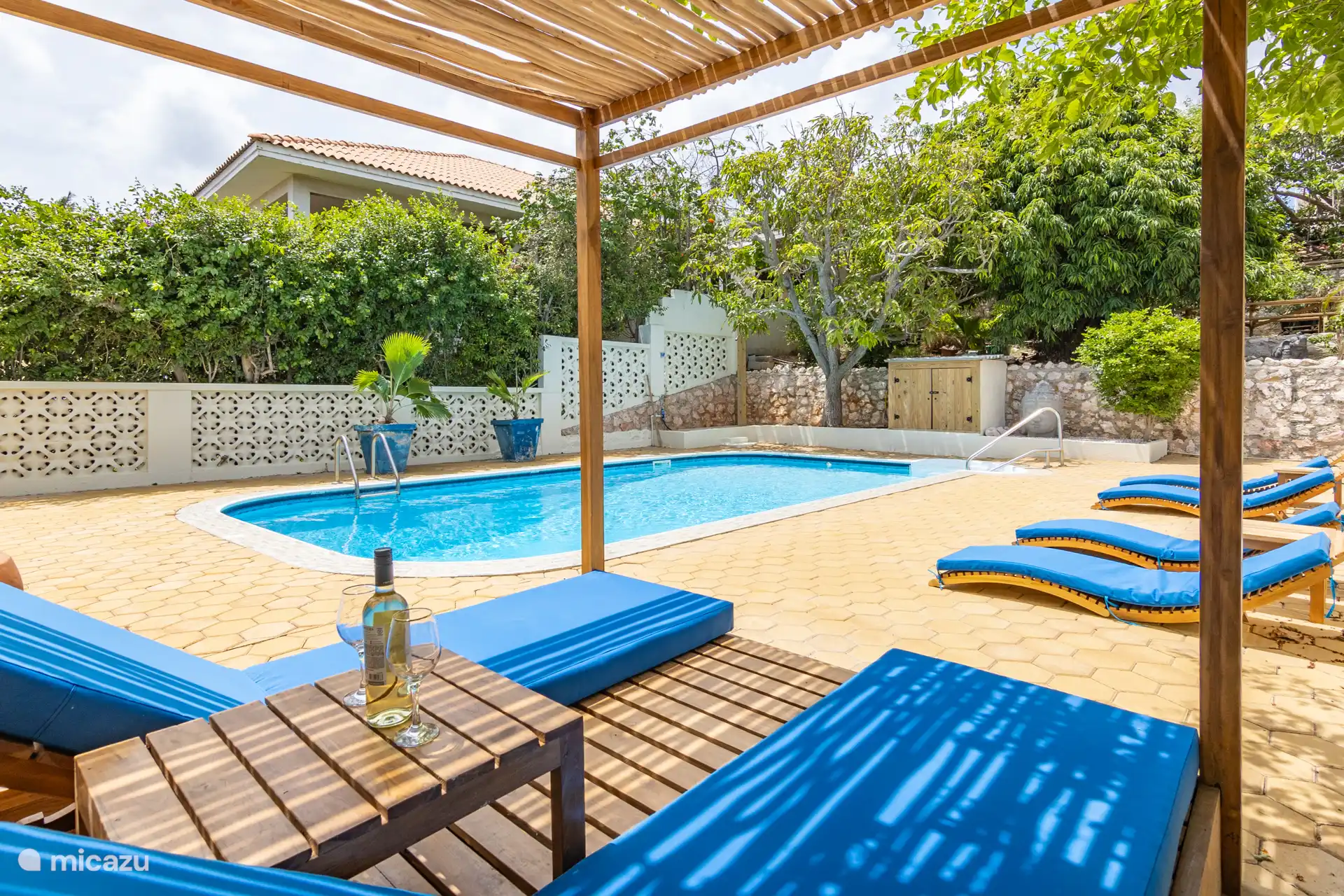 Lounge and cooling. In tropical garden the swimming pool, terrace with luxury sunbeds.