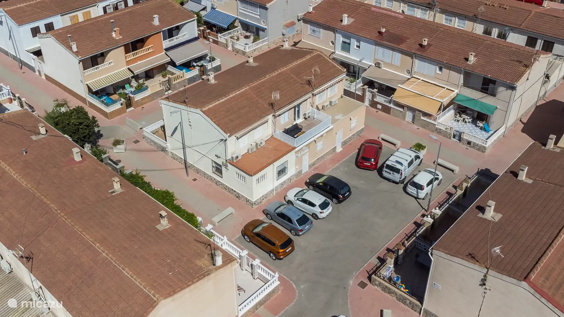 Top view of the house, roof terrace, parking