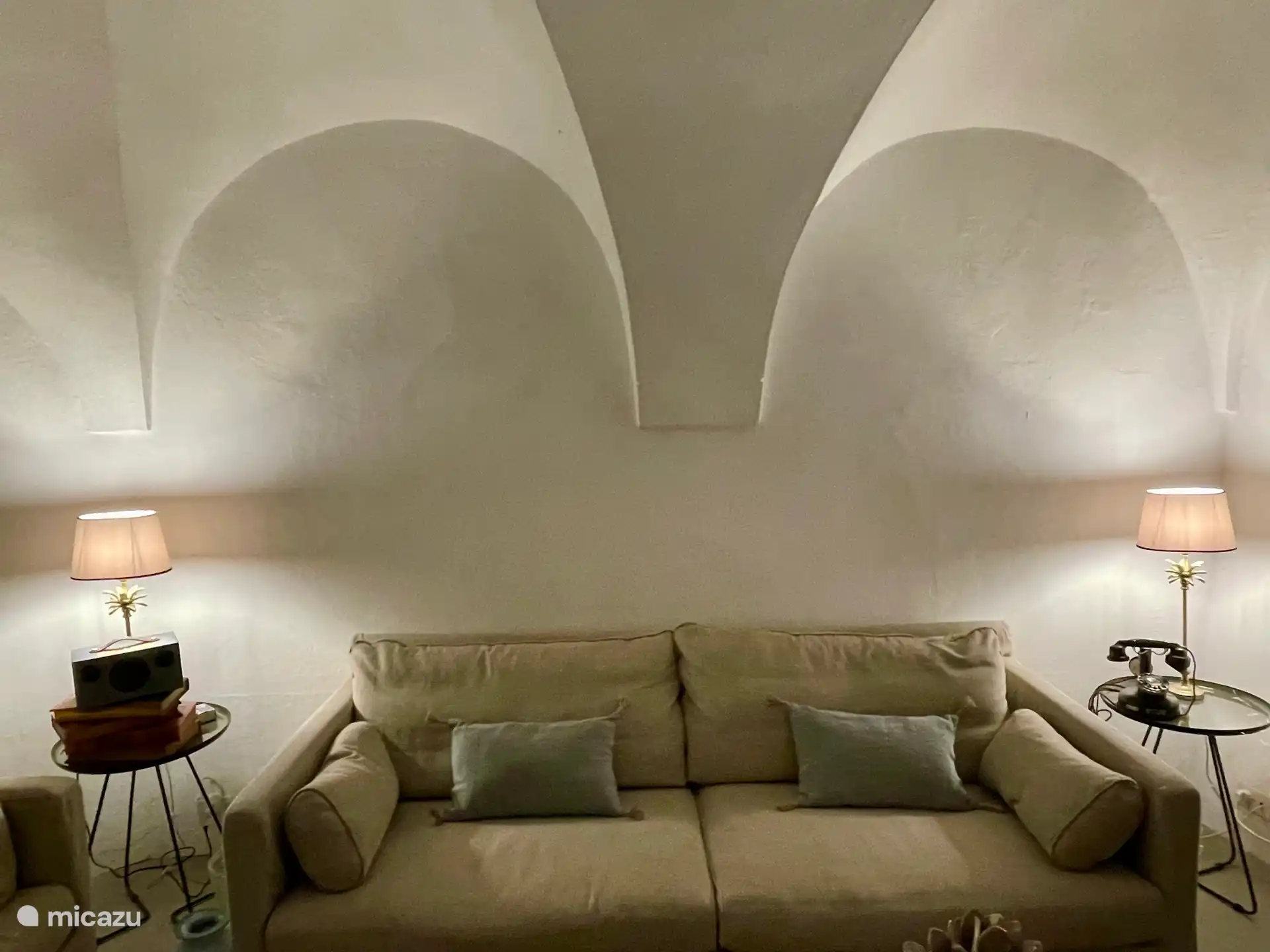 Vaulted living room, with sofas, TV, DVD