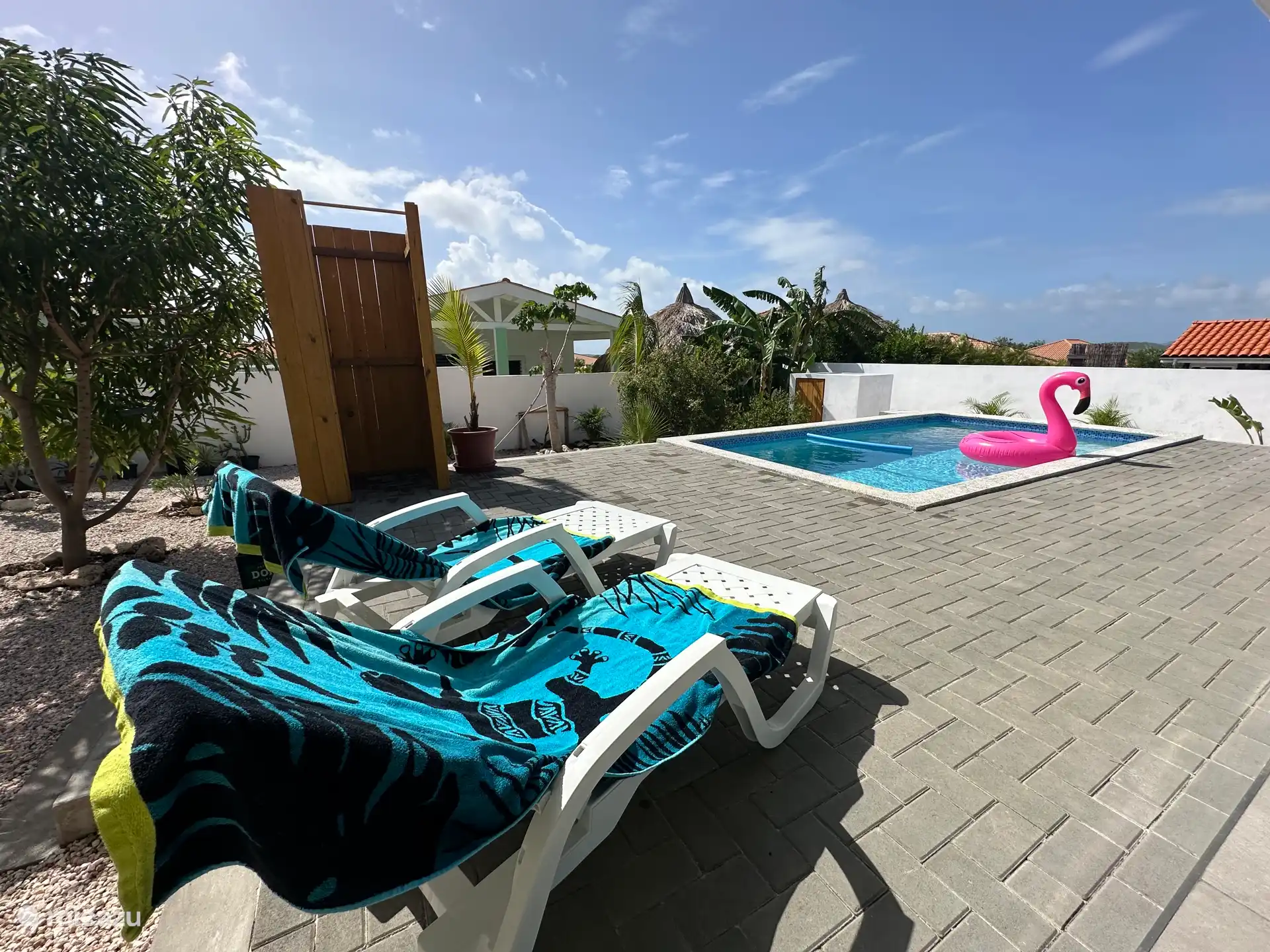 Zwembaddek met ligstoelen en douche