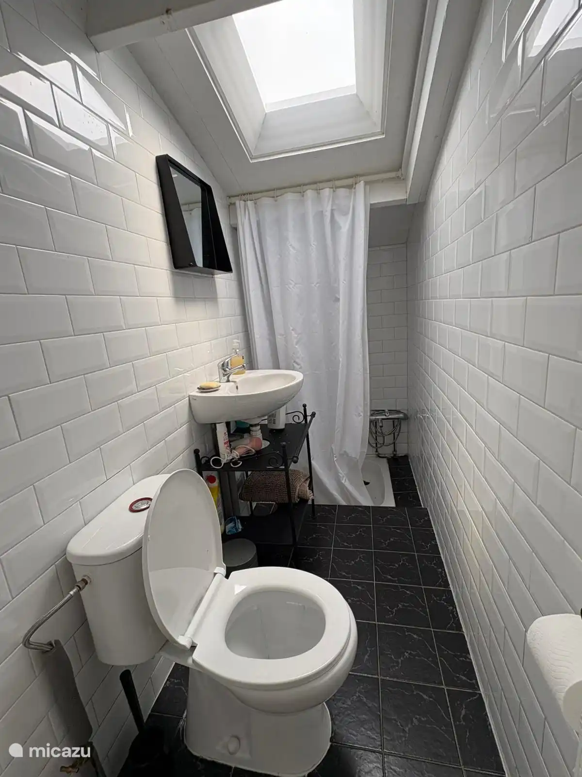 Badezimmer mit WC, Waschbecken und Dusche mit heißem Wasser