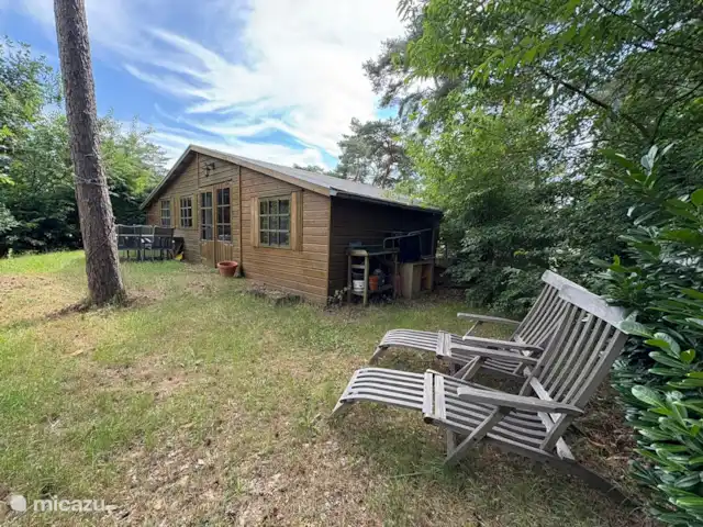 Chalet de Boshut huren in Nederland, Overijssel, Raalte - chalet Achterkant chalet ('s ochtends zon tot middaguur), met ligstoelen en tweede eettafel